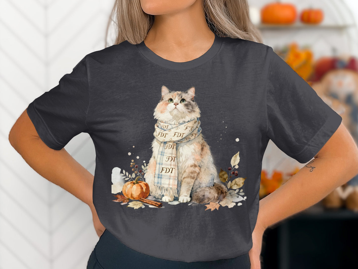 Autumn Cat Graphic T-shirt Featuring Pumpkin Design