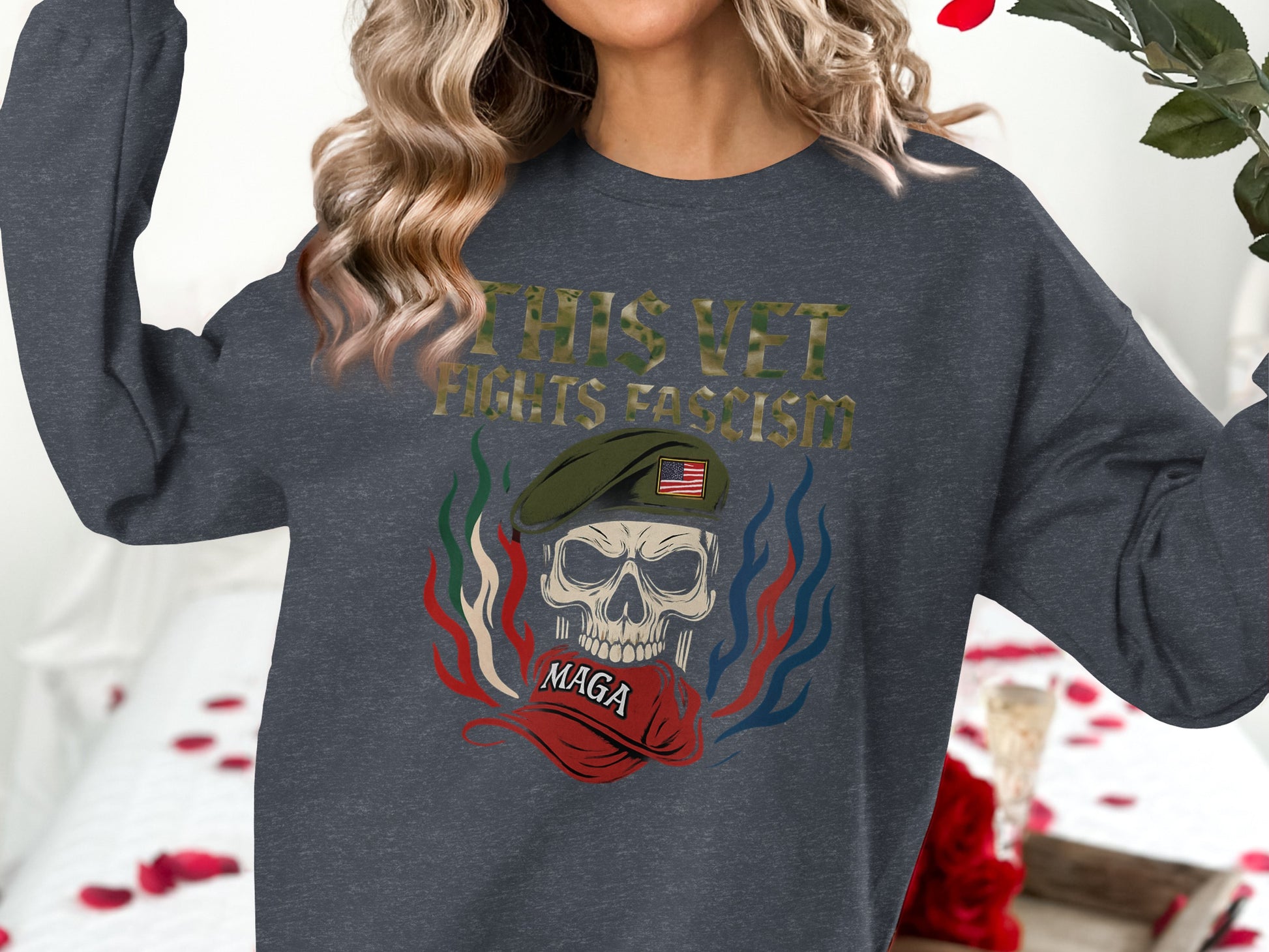 This Vet Fights Fascism Skull Graphic Sweatshirt Product