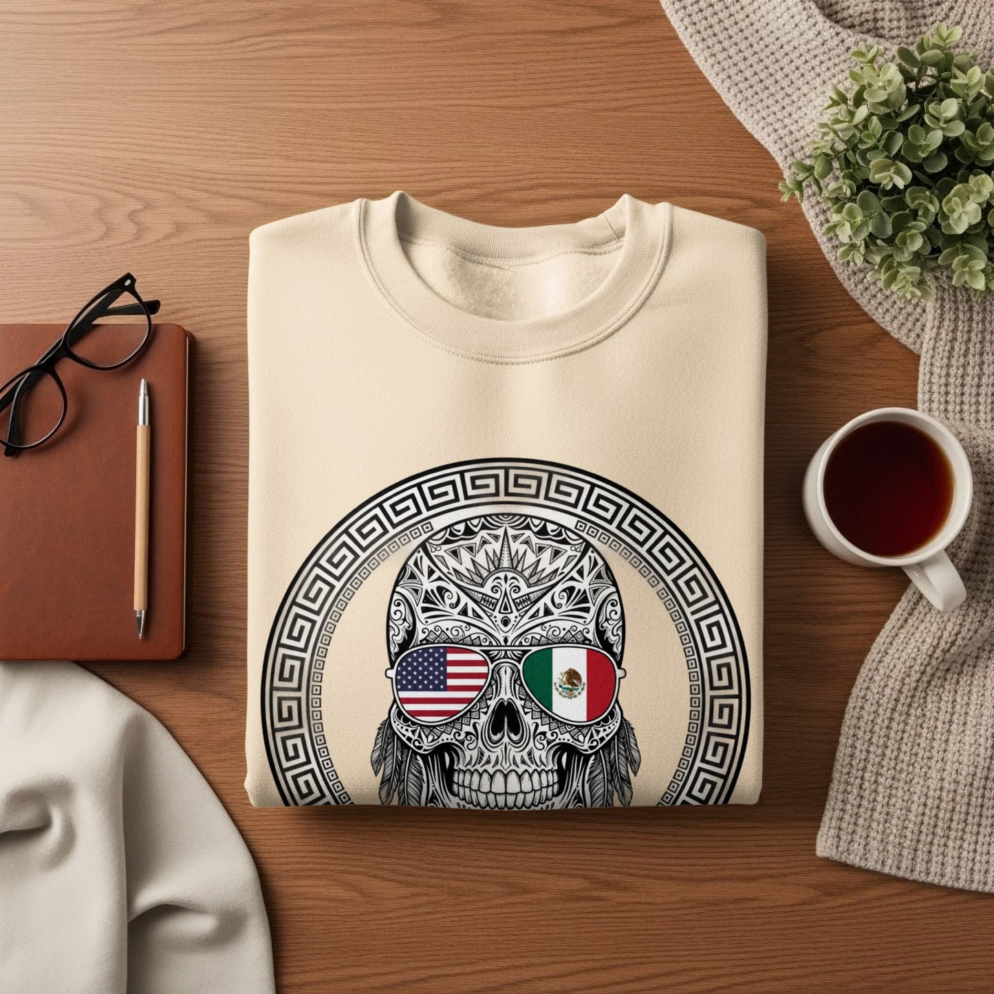 Skull with USA and Mexico Sunglasses Sweatshirt