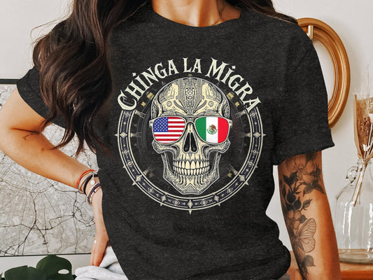 Chinga La Migra Skull Graphic Tee with Flags design product type