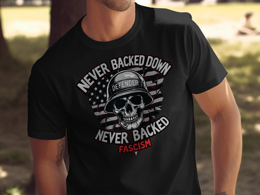 Never Backed Down Skull Helmet Design T-shirt