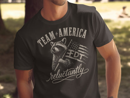 T-shirt with raccoon holding American flag and text "TEAM AMERICA FDT reluctantly".