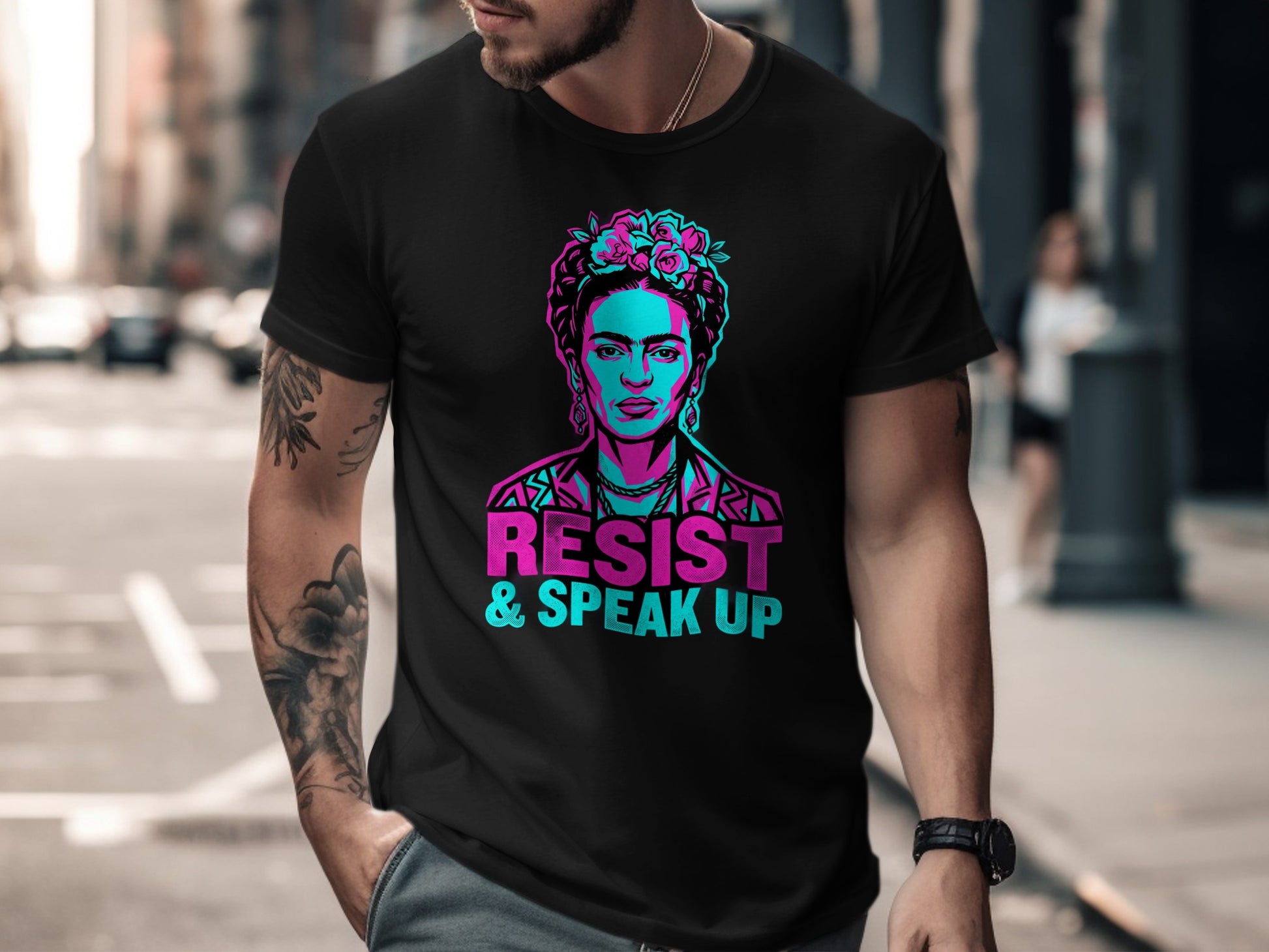 T-shirt with Frida Kahlo portrait and "RESIST & SPEAK UP" text.