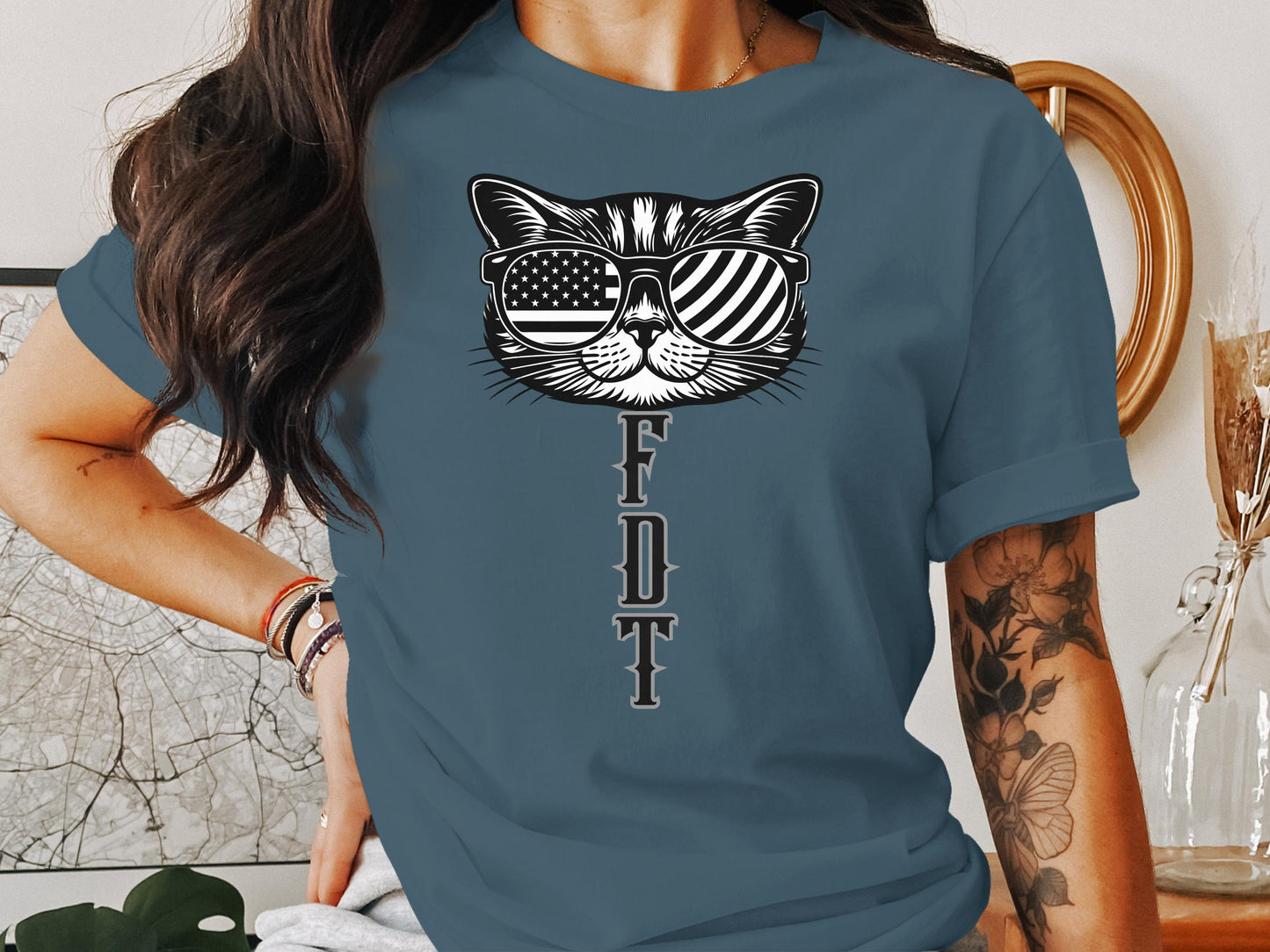 Retro Stylish Cat with Glasses Blue T-Shirt product type