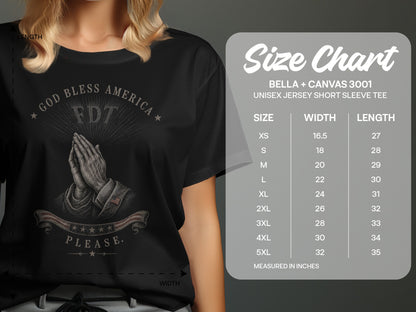Black t-shirt with "God Bless America" and praying hands graphic, with size chart.