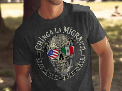 Chinga La Migra Skull American Mexican Flag T-Shirt product