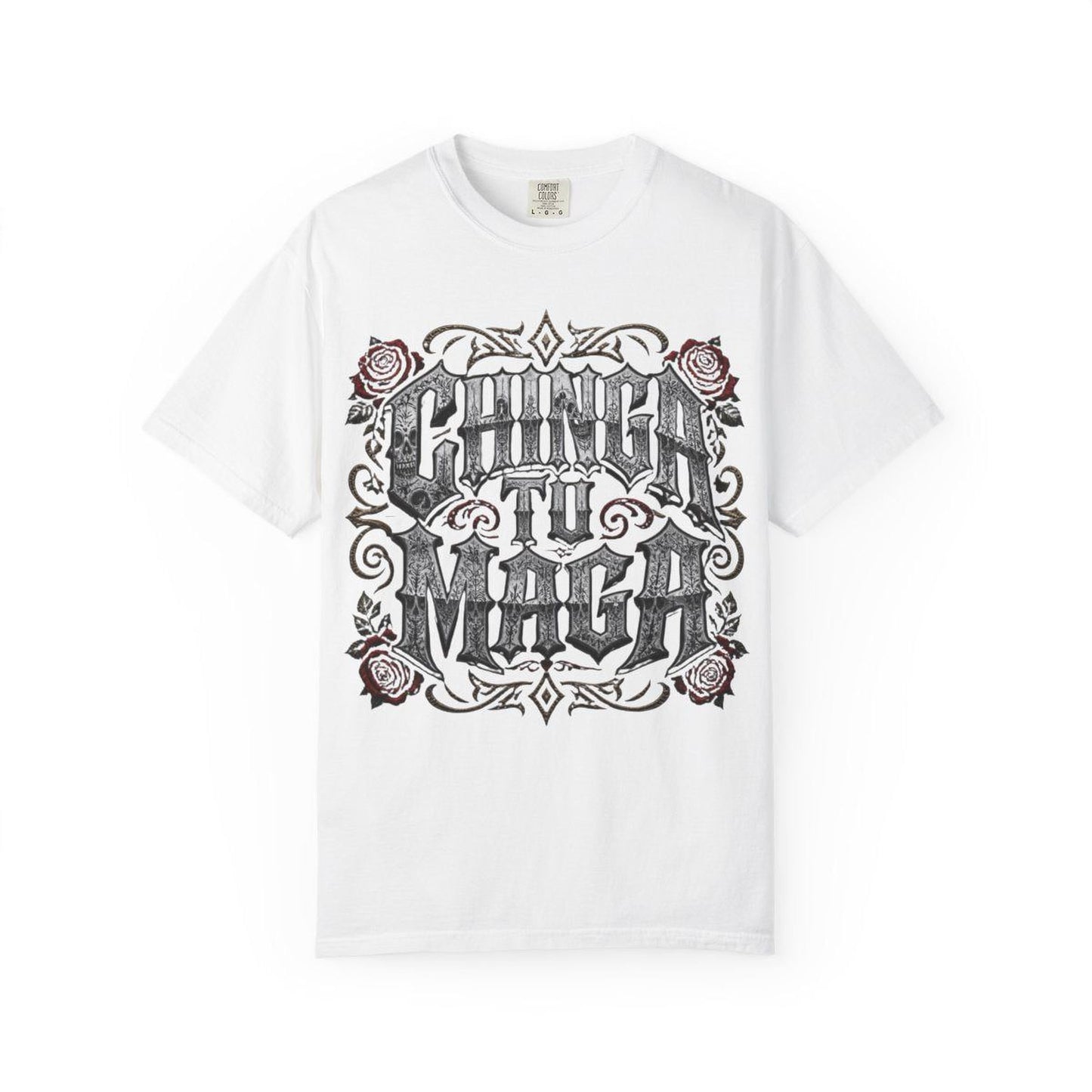 A white t-shirt with a graphic design featuring the text "CHINÁ TI MÁGA" surrounded by decorative elements such as roses and swirls.