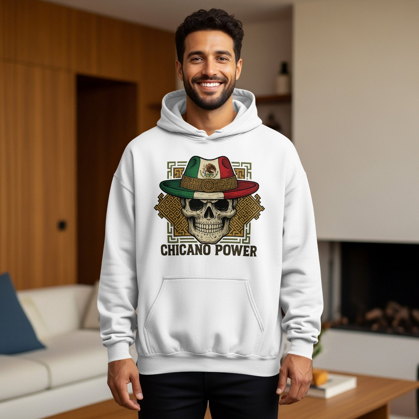 Chicano Power Hoodie with Skull and Hat Design
