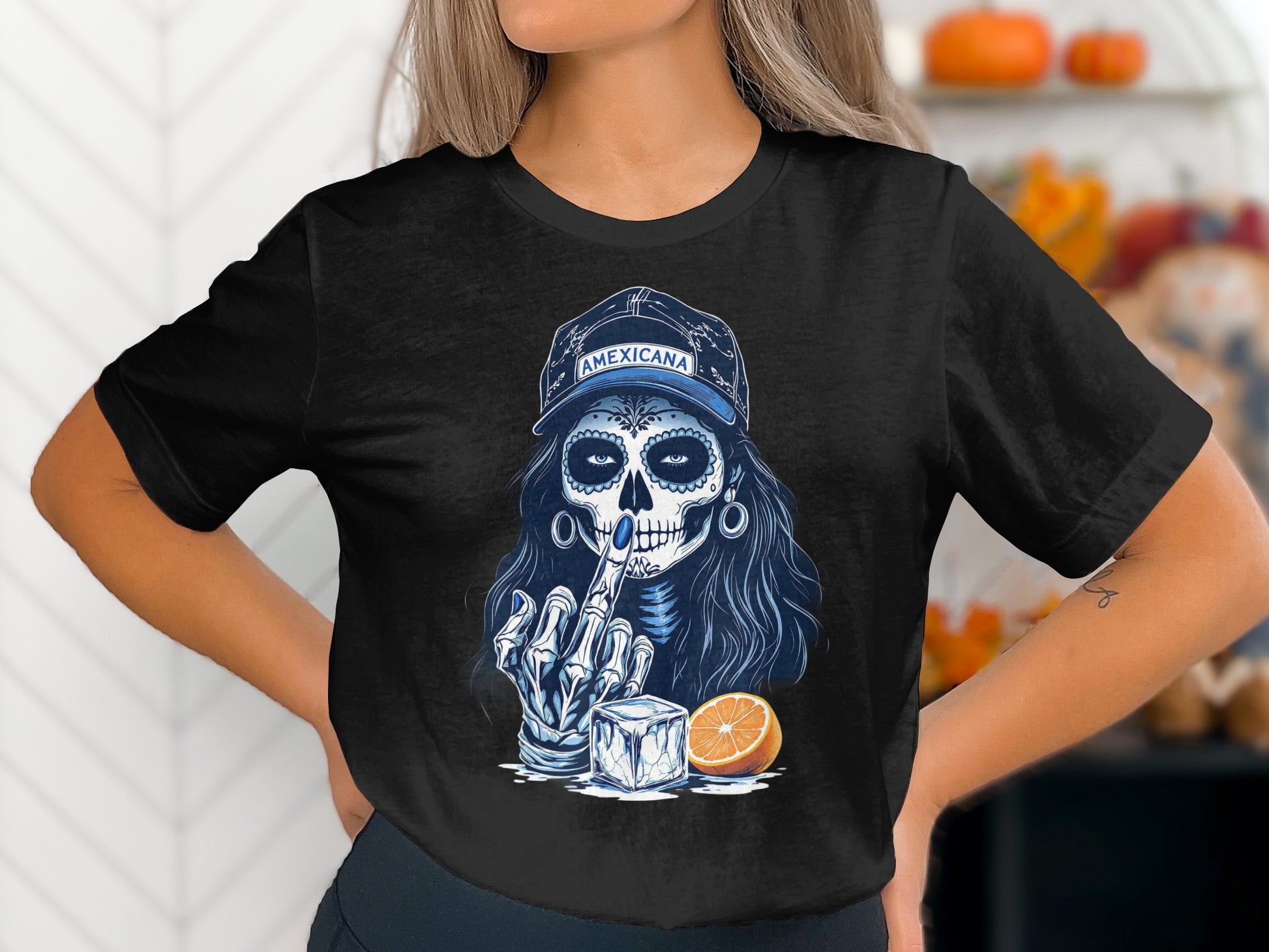Skull Face with Hat and Orange Graphic T-shirt