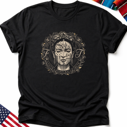 Black t-shirt with a Frida Kahlo-inspired portrait design and "Faith Democracy Truth".