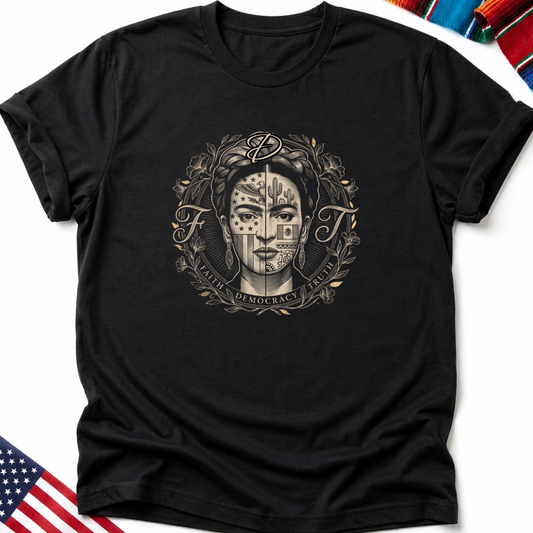 Black t-shirt with a Frida Kahlo-inspired portrait design and "Faith Democracy Truth".