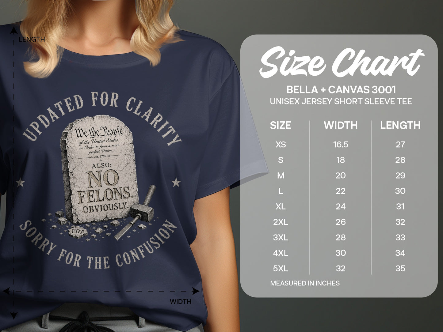 Dark t-shirt with "No Felons" text on a stone monument graphic, next to a size chart.