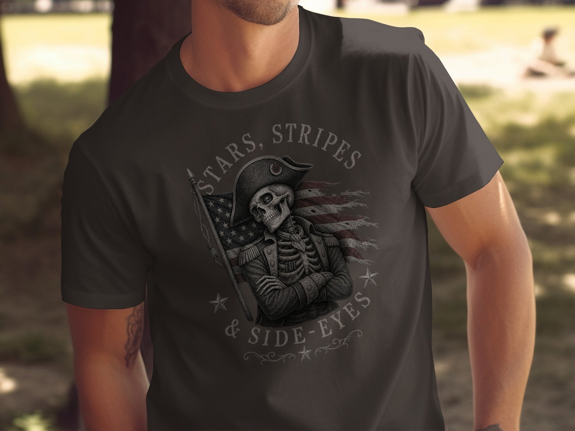 Skeleton wearing military jacket, holding US flag, with "Stars, Stripes & Side-Eyes" text.