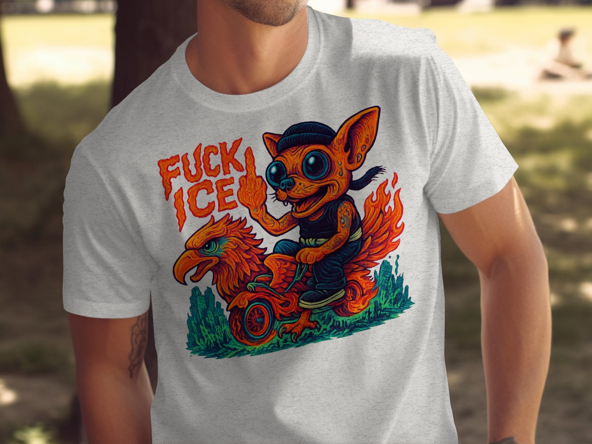 Edgy Cartoon Goblin on Flaming Bird Funny Shirt Product