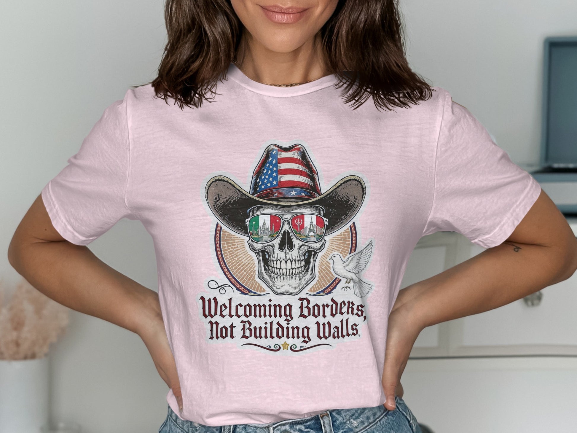 Welcoming Borders Not Building Walls Pink T-Shirt product