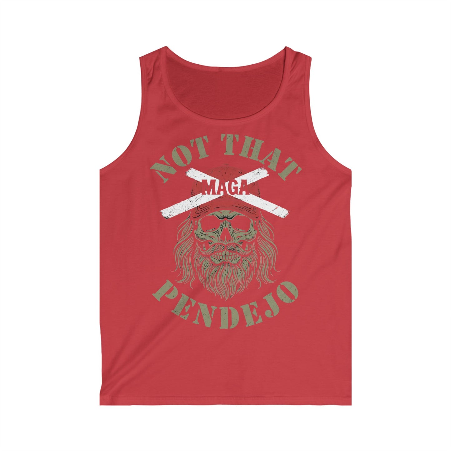 Red tank top with skull graphic and "NOT THAT MAGA PENDEJO" text.