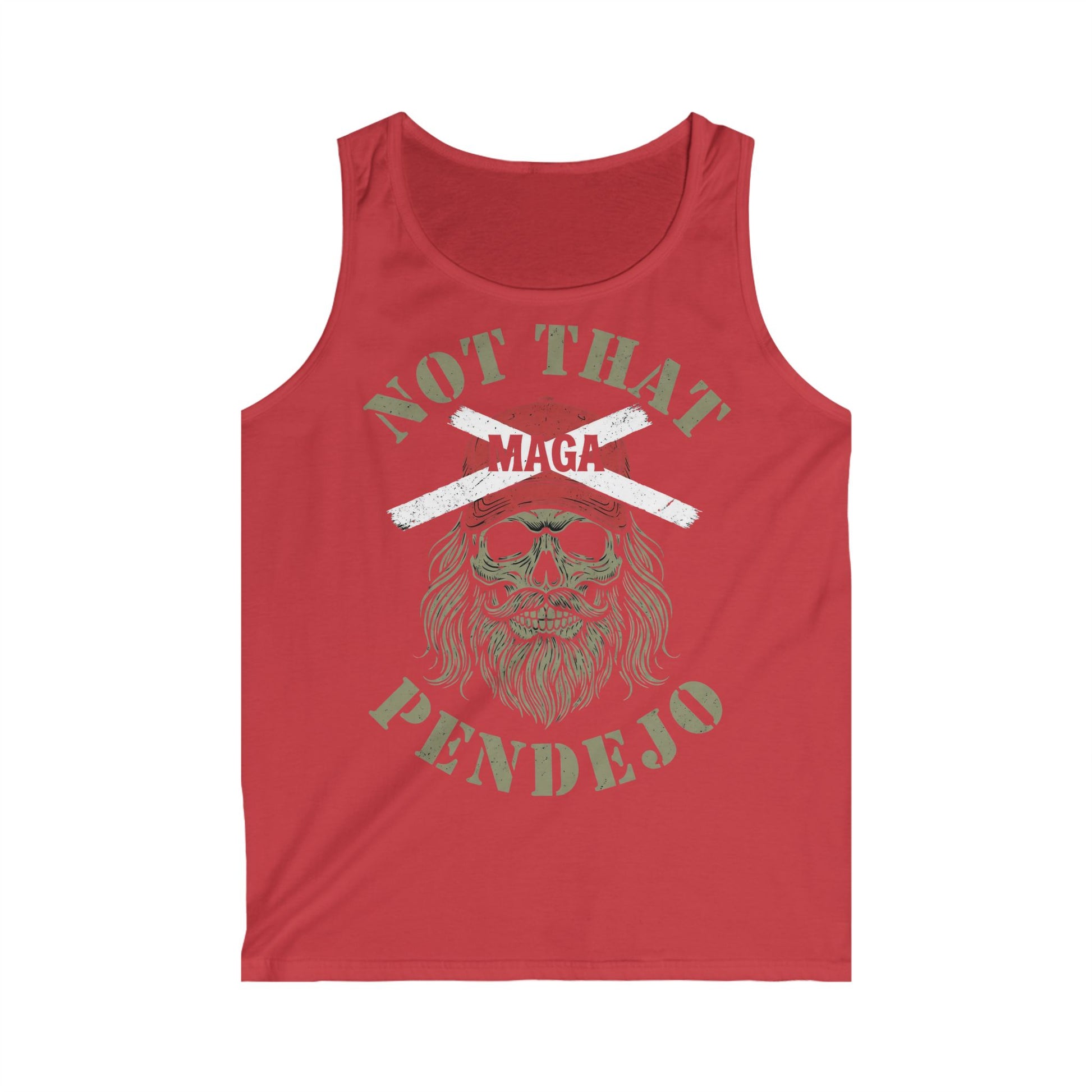 Red tank top with skull graphic and "NOT THAT MAGA PENDEJO" text.