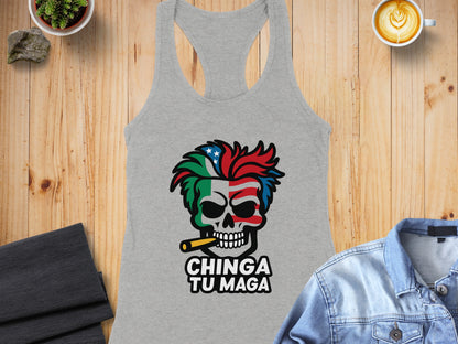 Chinga Tu Maga Skull with Cigar Racerback Tank Top