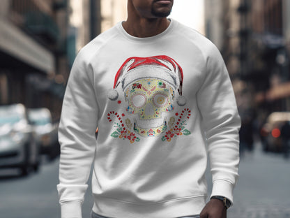 Festive Skull with Santa Hat Holiday Sweatshirt