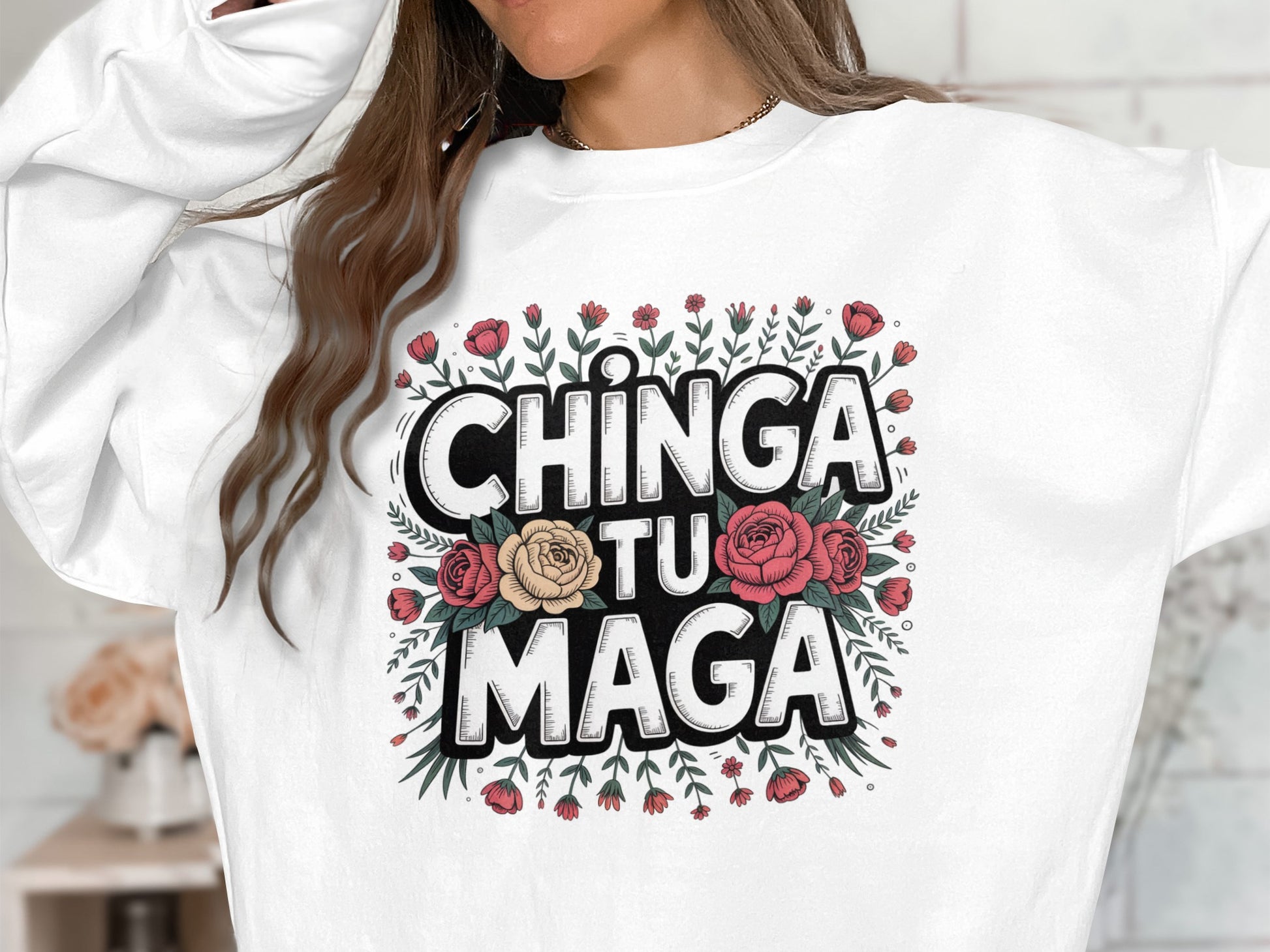 Chinga Tu Maga Floral Print White Sweatshirt product