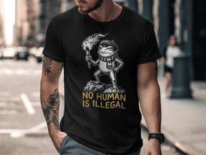 Black t-shirt with a frog holding a torch and the text "NO HUMAN IS ILLEGAL."
