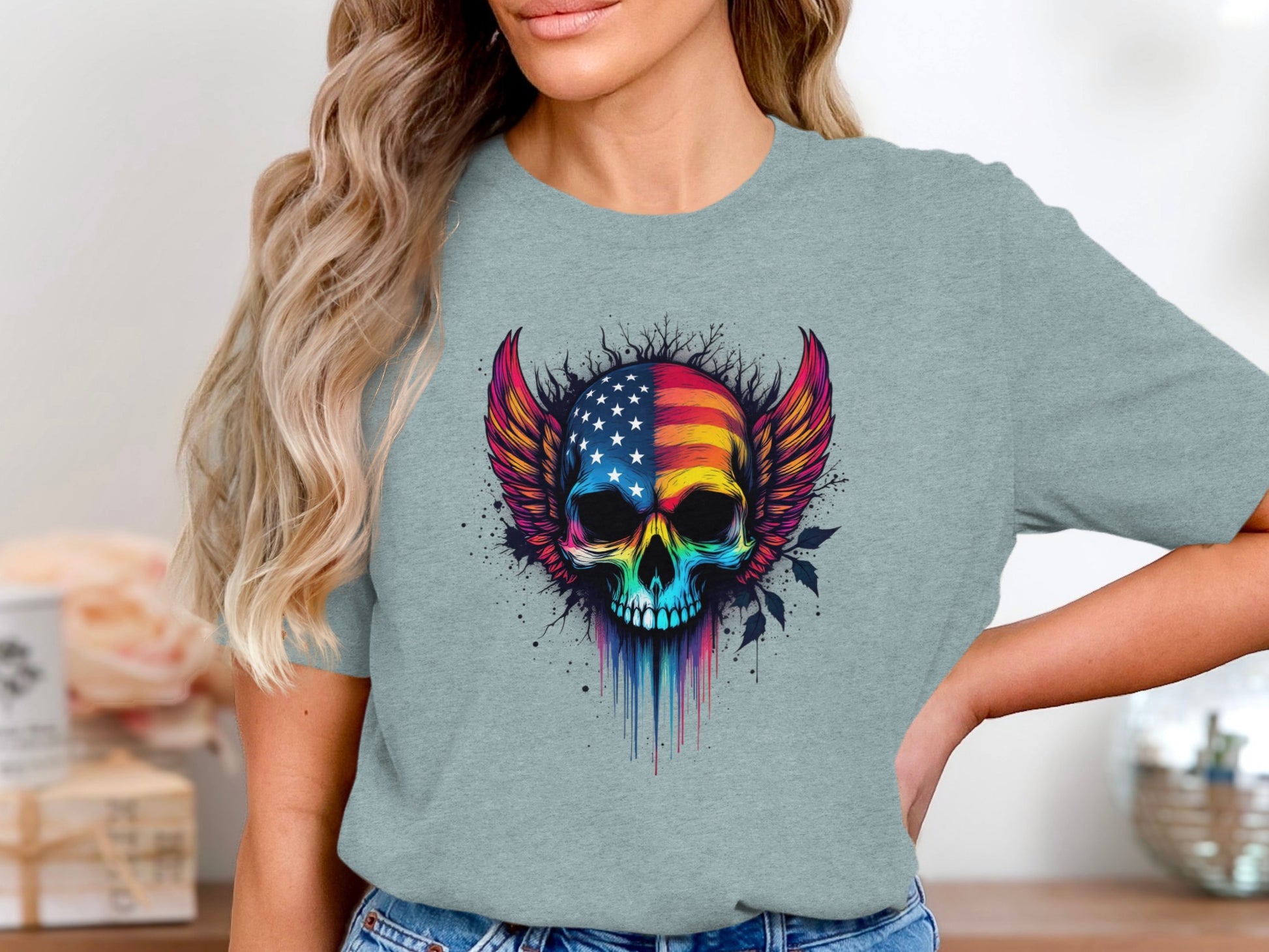 Colorful Skull with Wings Graphic T-Shirt product type