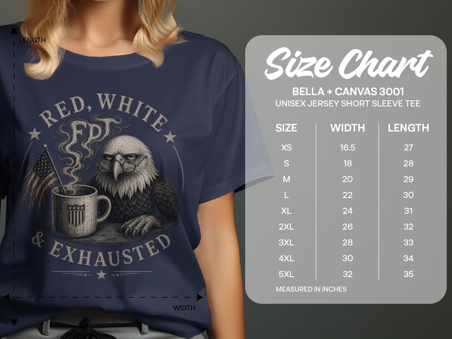 T-shirt size chart with unisex Bella + Canvas 3001 measurements.