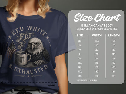T-shirt size chart with unisex Bella + Canvas 3001 measurements.