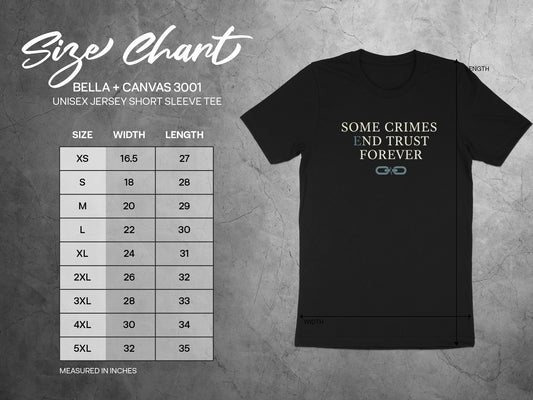 Size chart for Bella + Canvas 3001 unisex t-shirt with measurements in inches.
