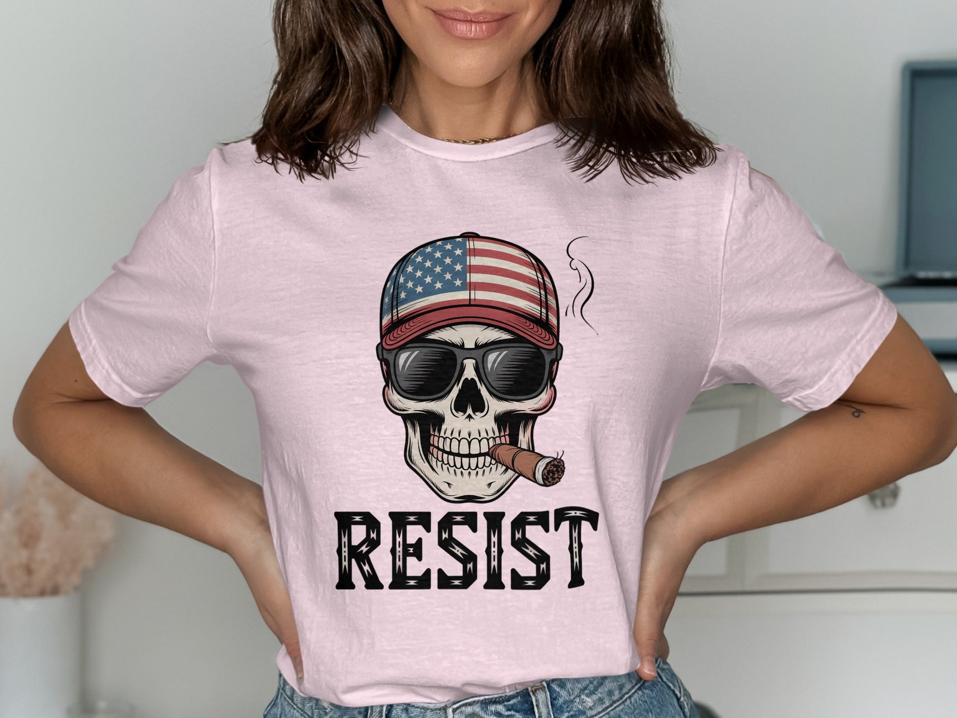 Resist Skull with American Flag Hat T-shirt product type