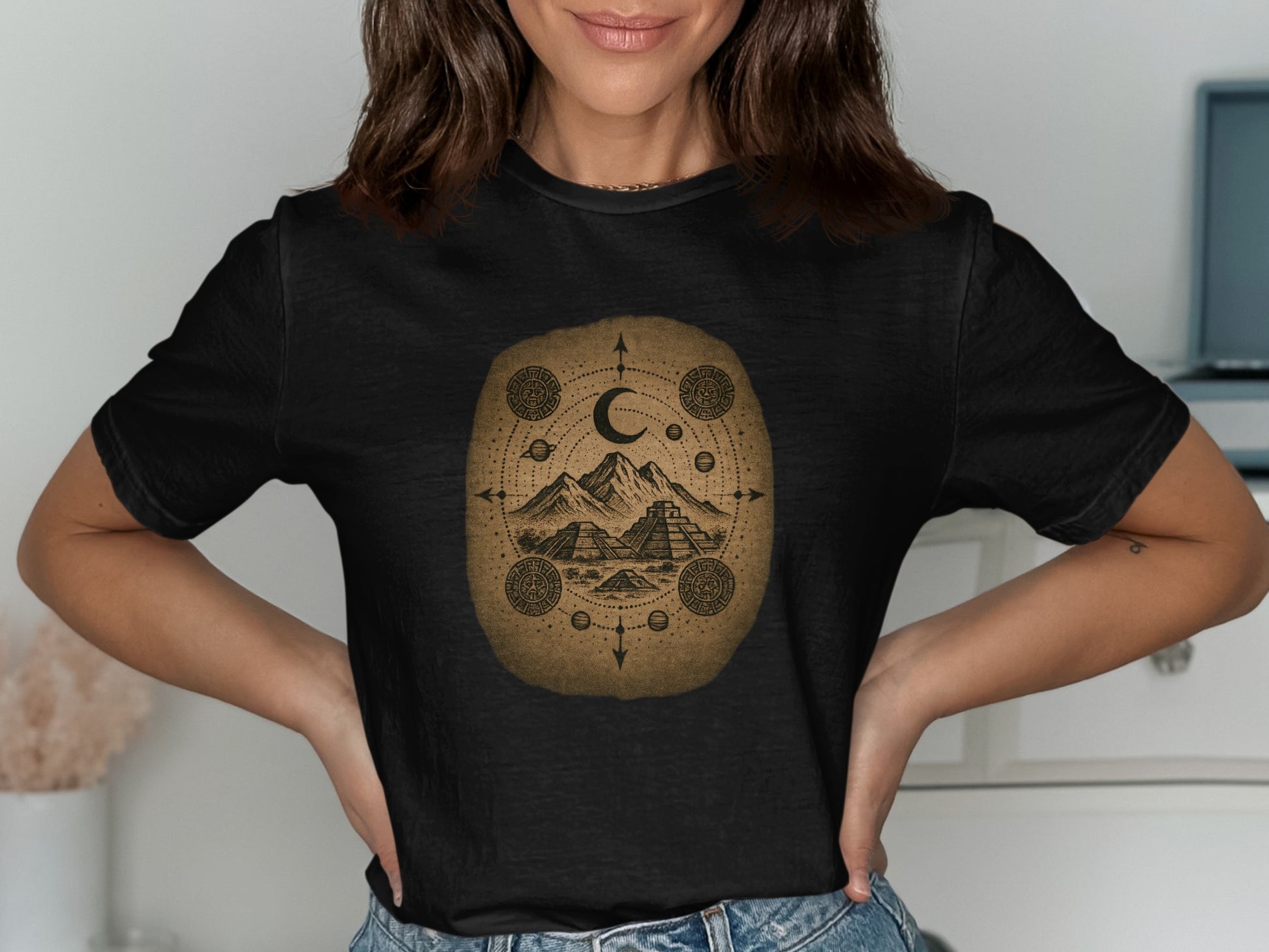 Ancient Mountain and Moon Graphic Black T-Shirt product