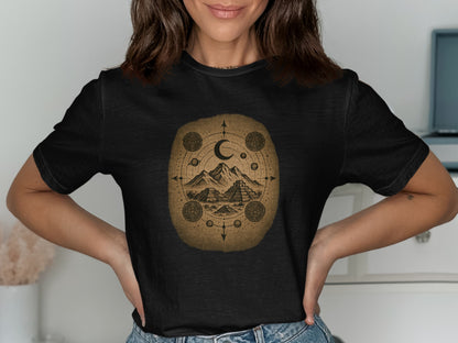 Ancient Mountain and Moon Graphic Black T-Shirt product