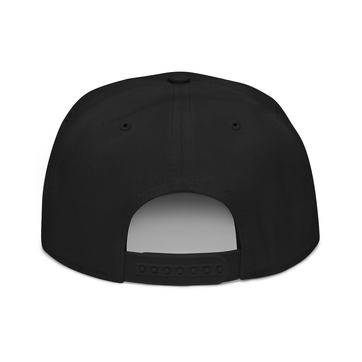 Black snapback hat shown from the back with adjustable strap and button details.