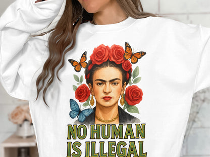 No Human Is Illegal Sweatshirt with Frida Print