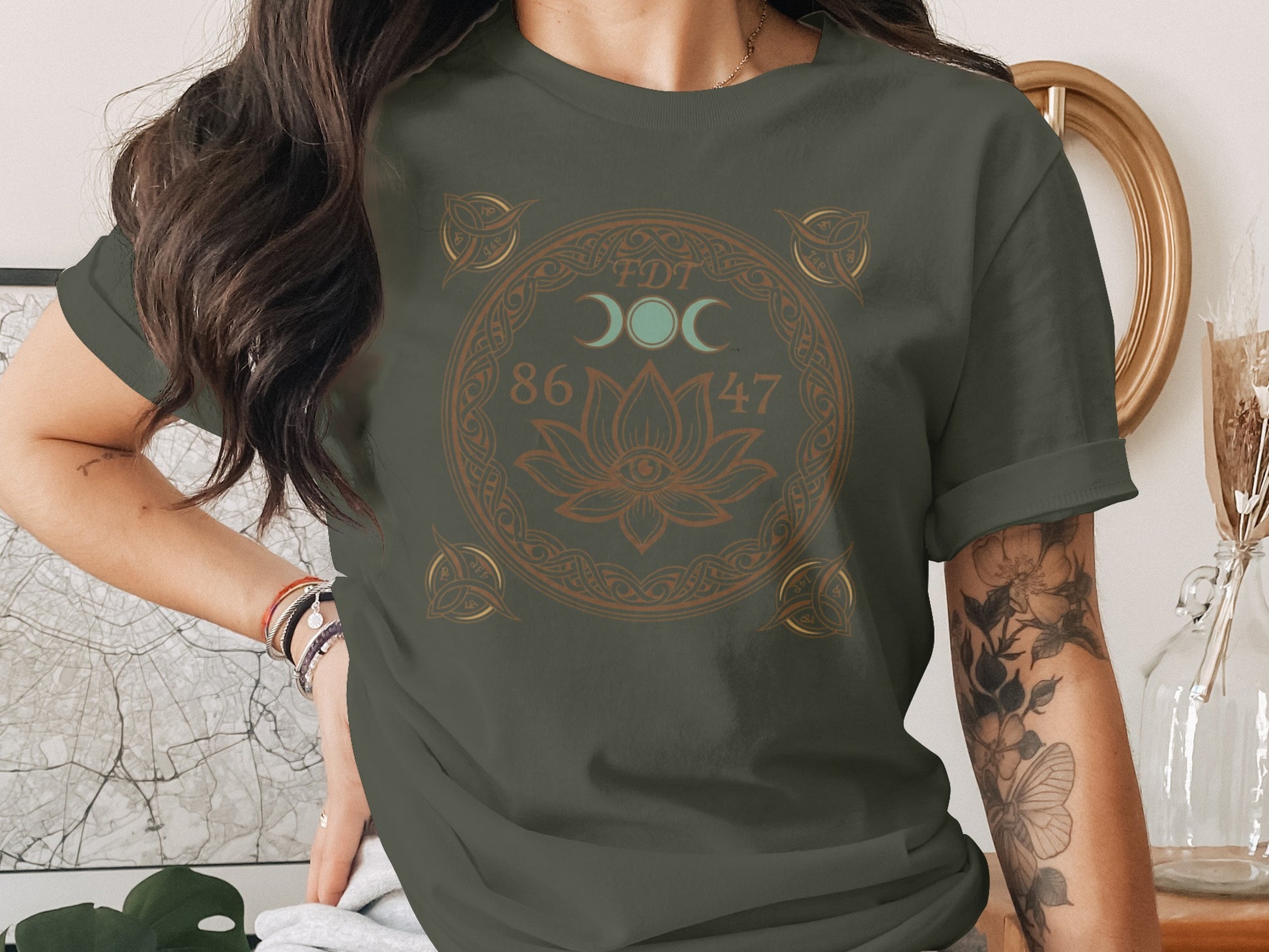 Mystical Moon Phases and Lotus Design Shirt