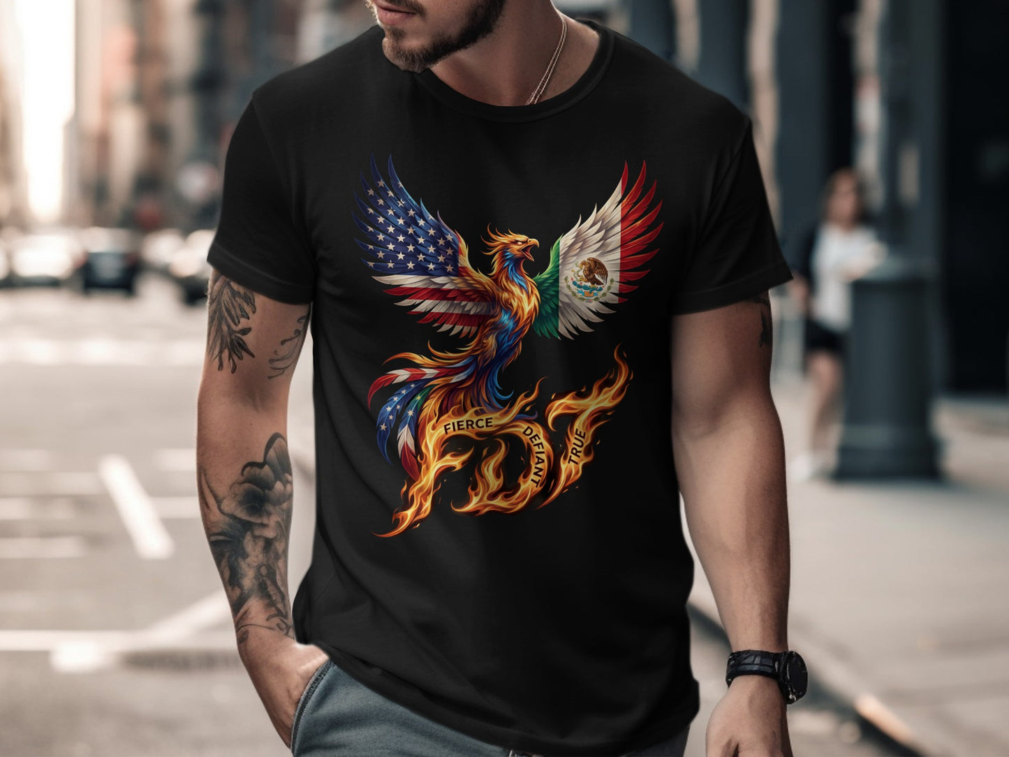 Man in black t-shirt with American and Mexican flag phoenix graphic.