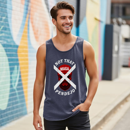 Man wearing a dark tank top with "NOT THAT MAGA PENDEJO" text and a skull graphic.