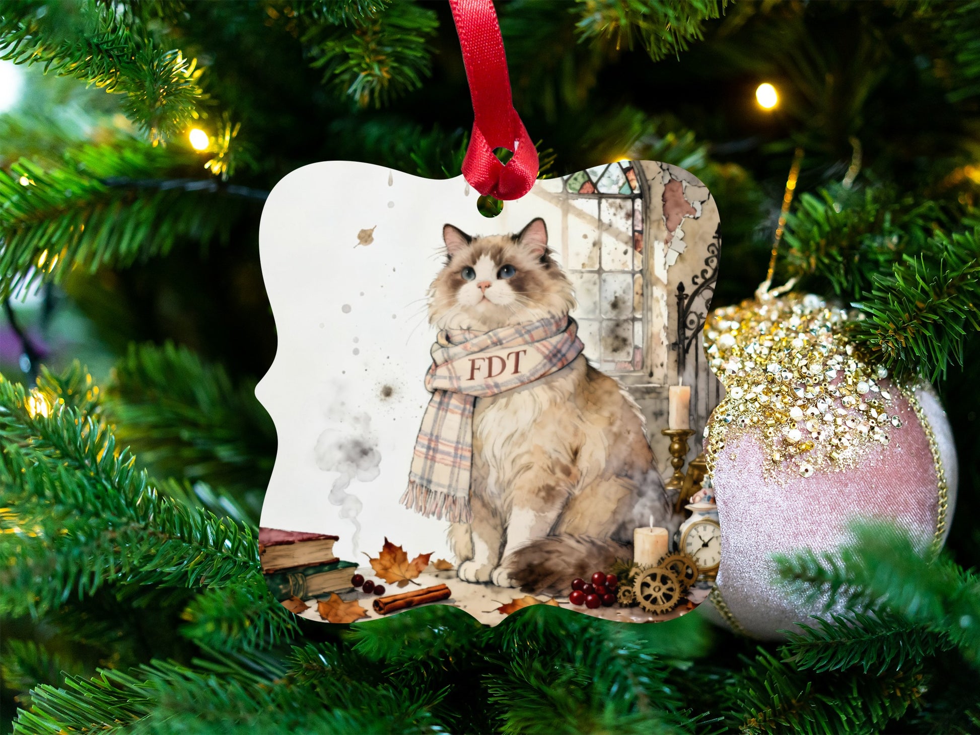 Festive Cat with Scarf on Christmas Tree Ornament