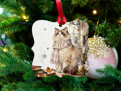 Festive Cat with Scarf on Christmas Tree Ornament