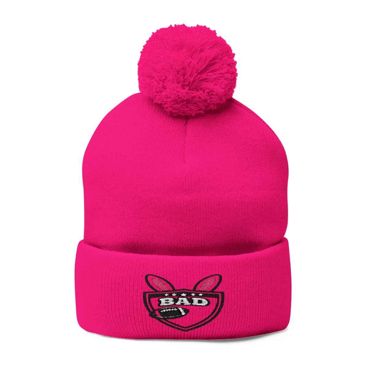 Bright Pink BAD Logo Winter Pom Pom Hat