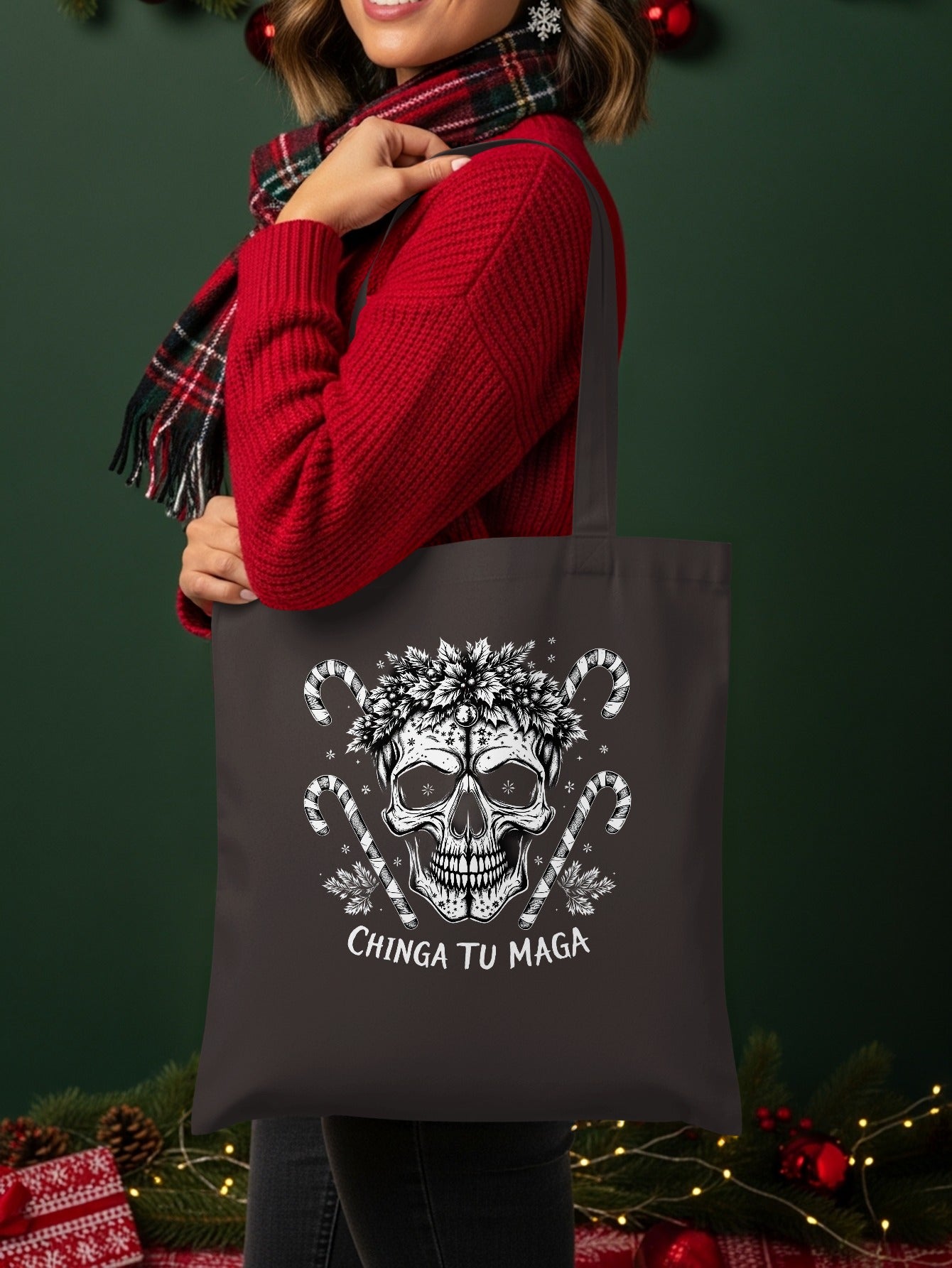 Chinga Tu Maga Skull with Candy Canes Holiday Tote
