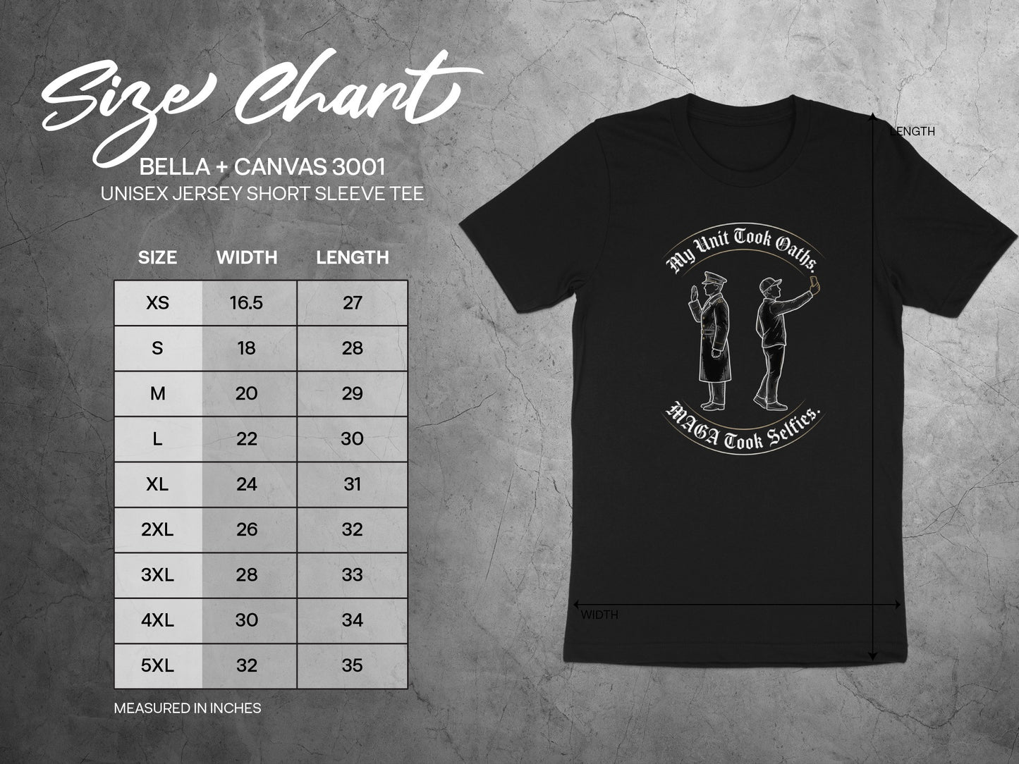 Bella + Canvas 3001 unisex t-shirt size chart with measurements.