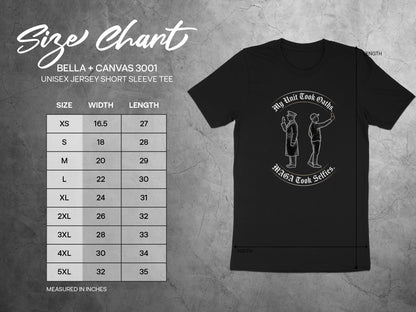 Bella + Canvas 3001 unisex t-shirt size chart with measurements.