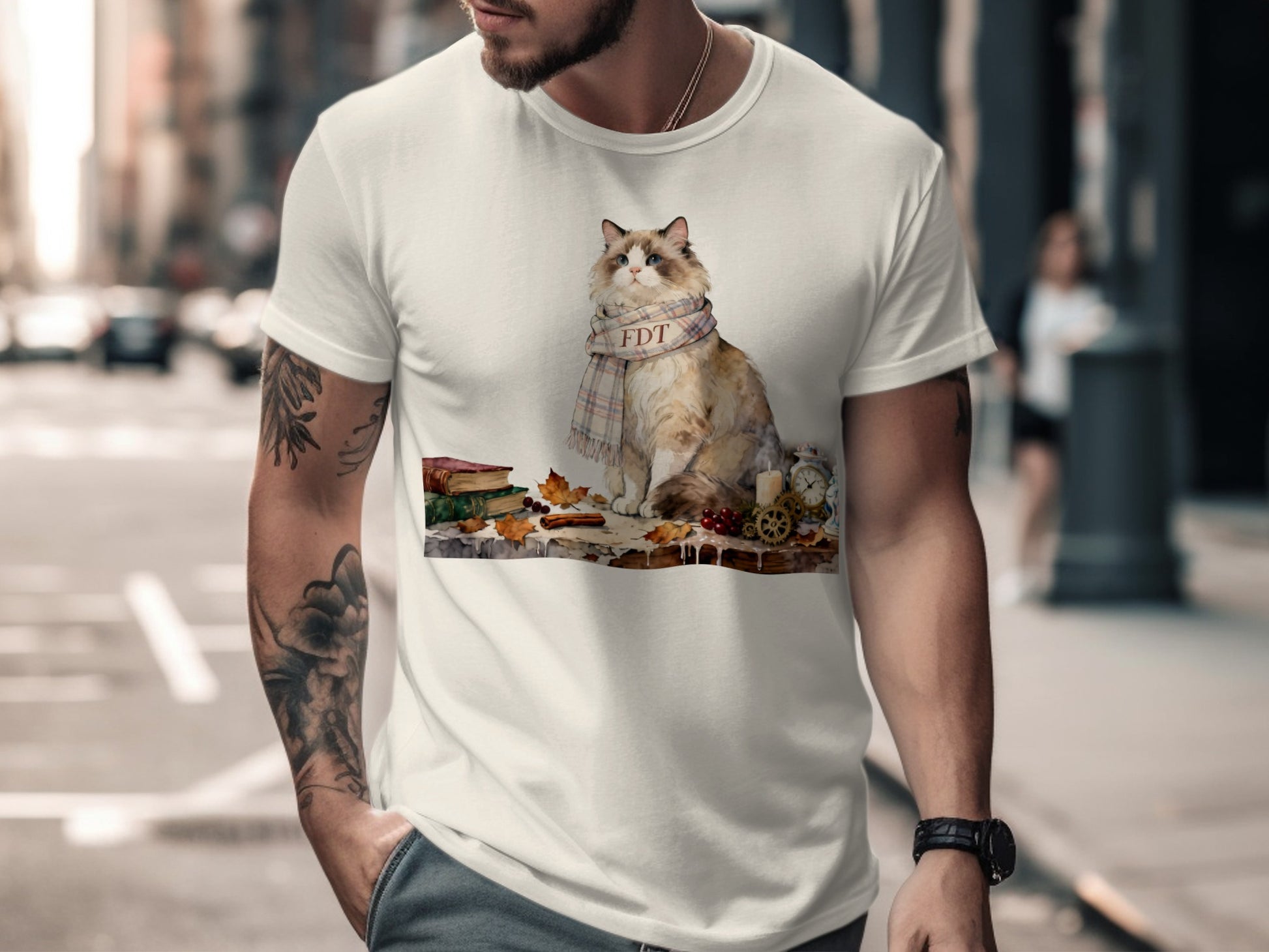 Cozy Autumn Cat with Scarfs and Toys T-shirt