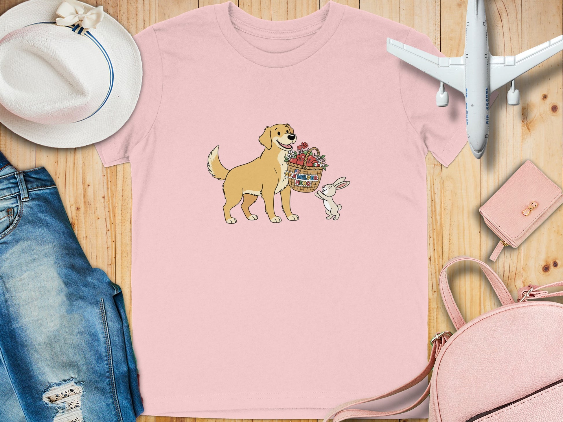 Pink Shirt Featuring Dog with Basket of Flowers Design