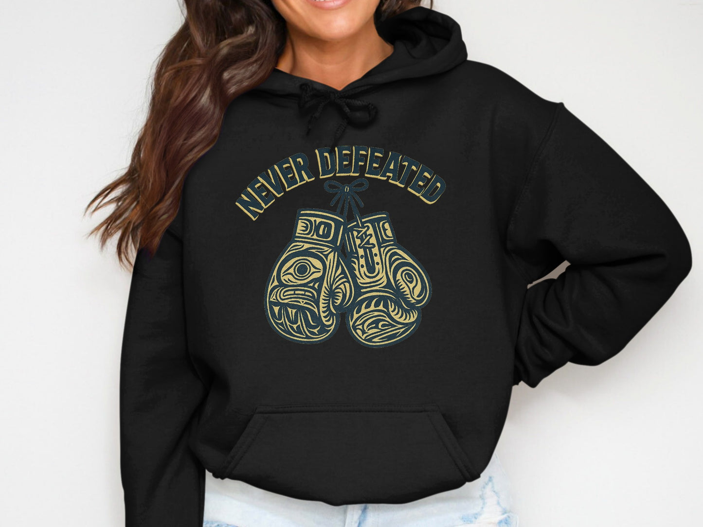 Never Defeated Hoodie with Boxing Gloves Product