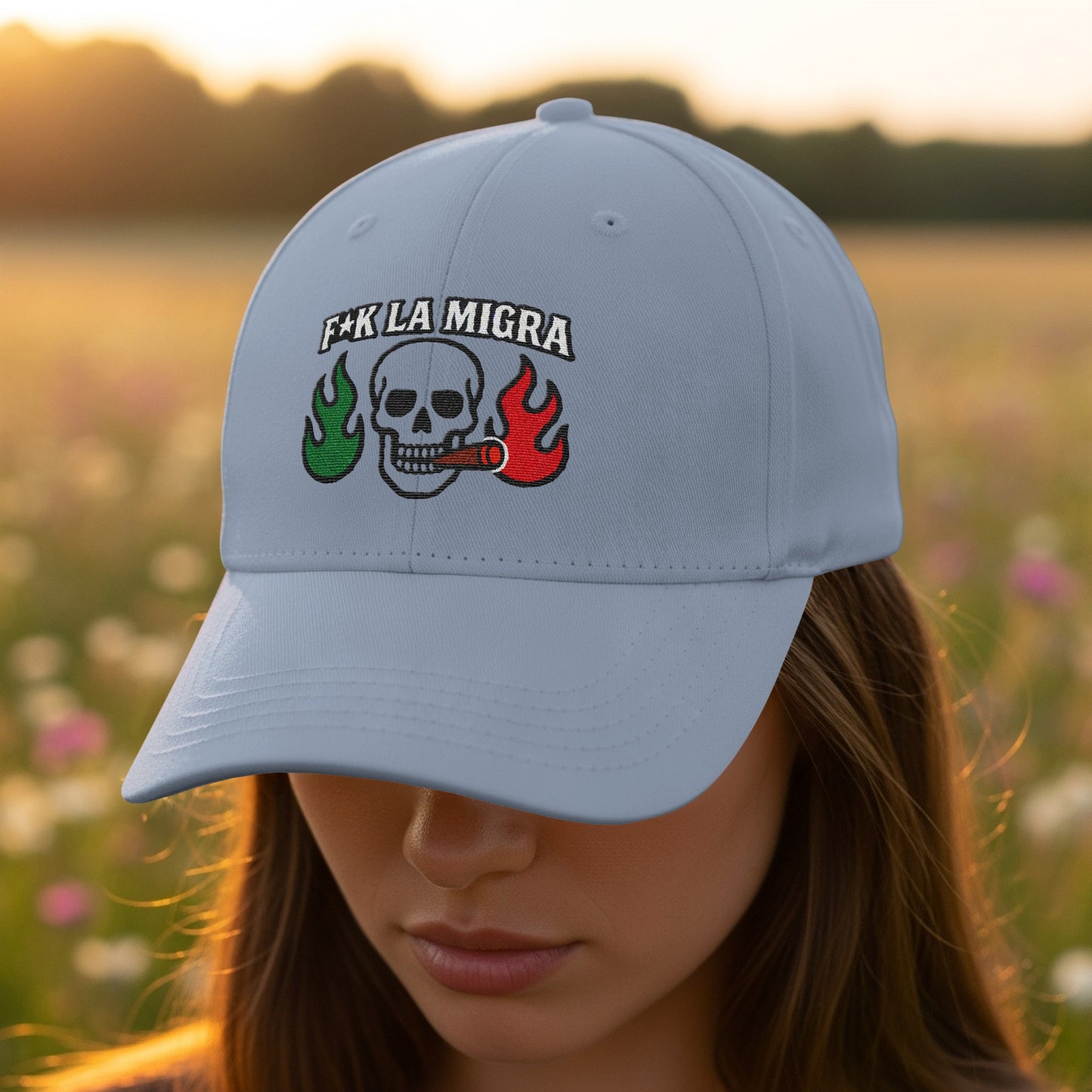 F*ck La Migra Embroidered Skull design cap product