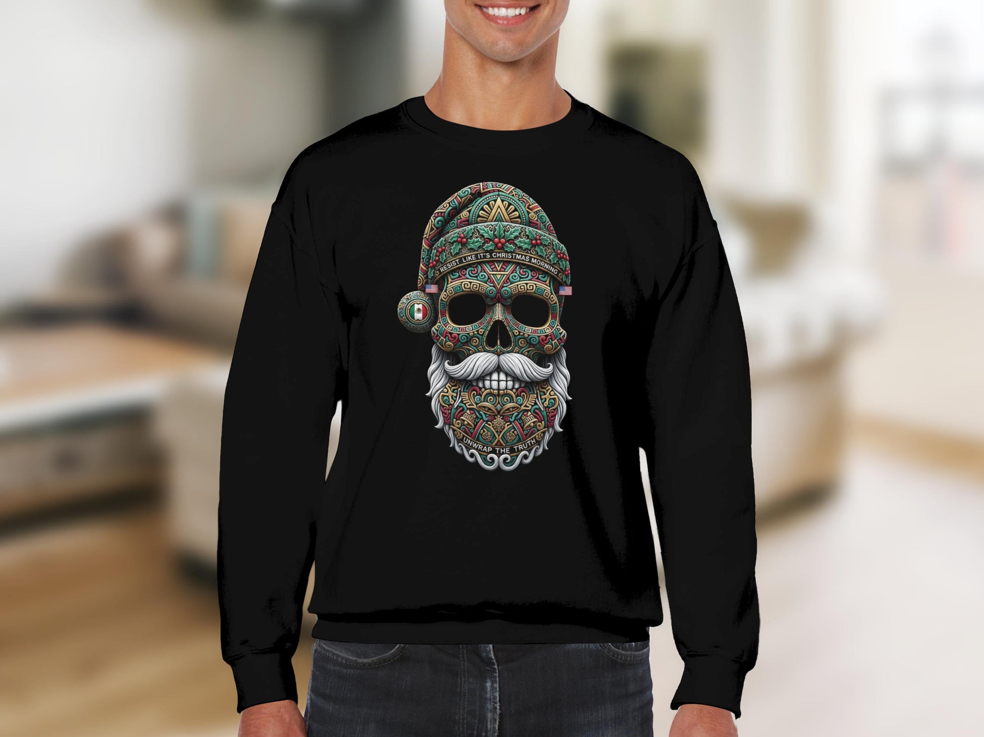 Festive Skull Patterned Santa Claus Design Sweatshirt