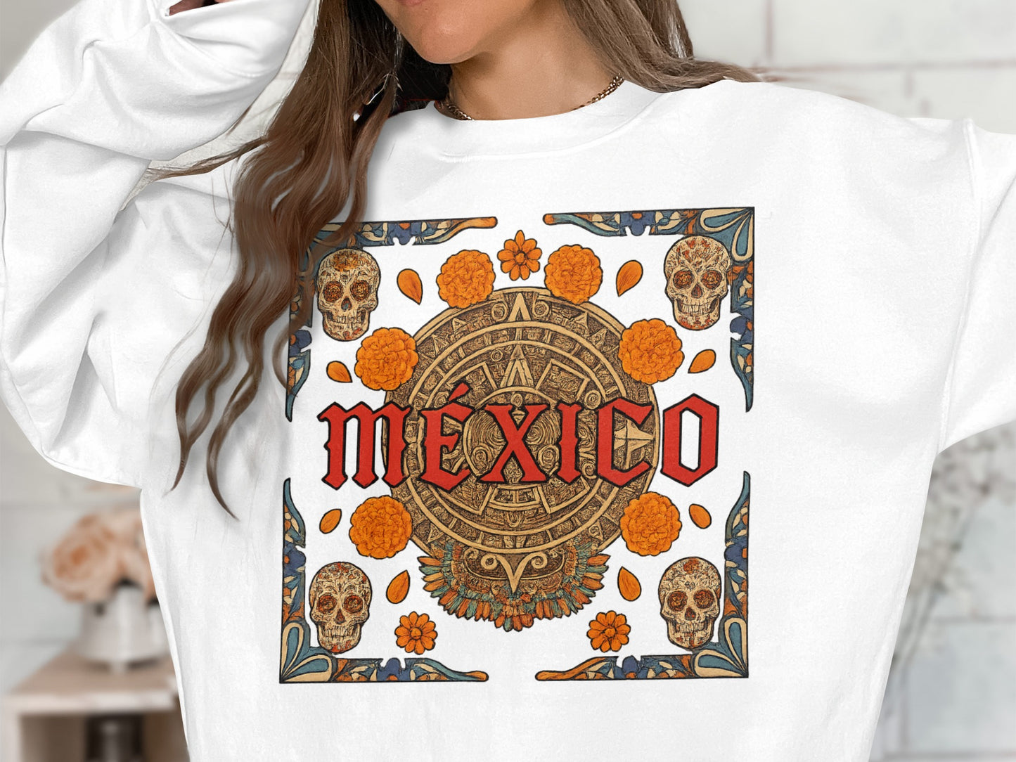 Vintage Mexico Aztec Skull Graphic White Sweatshirt