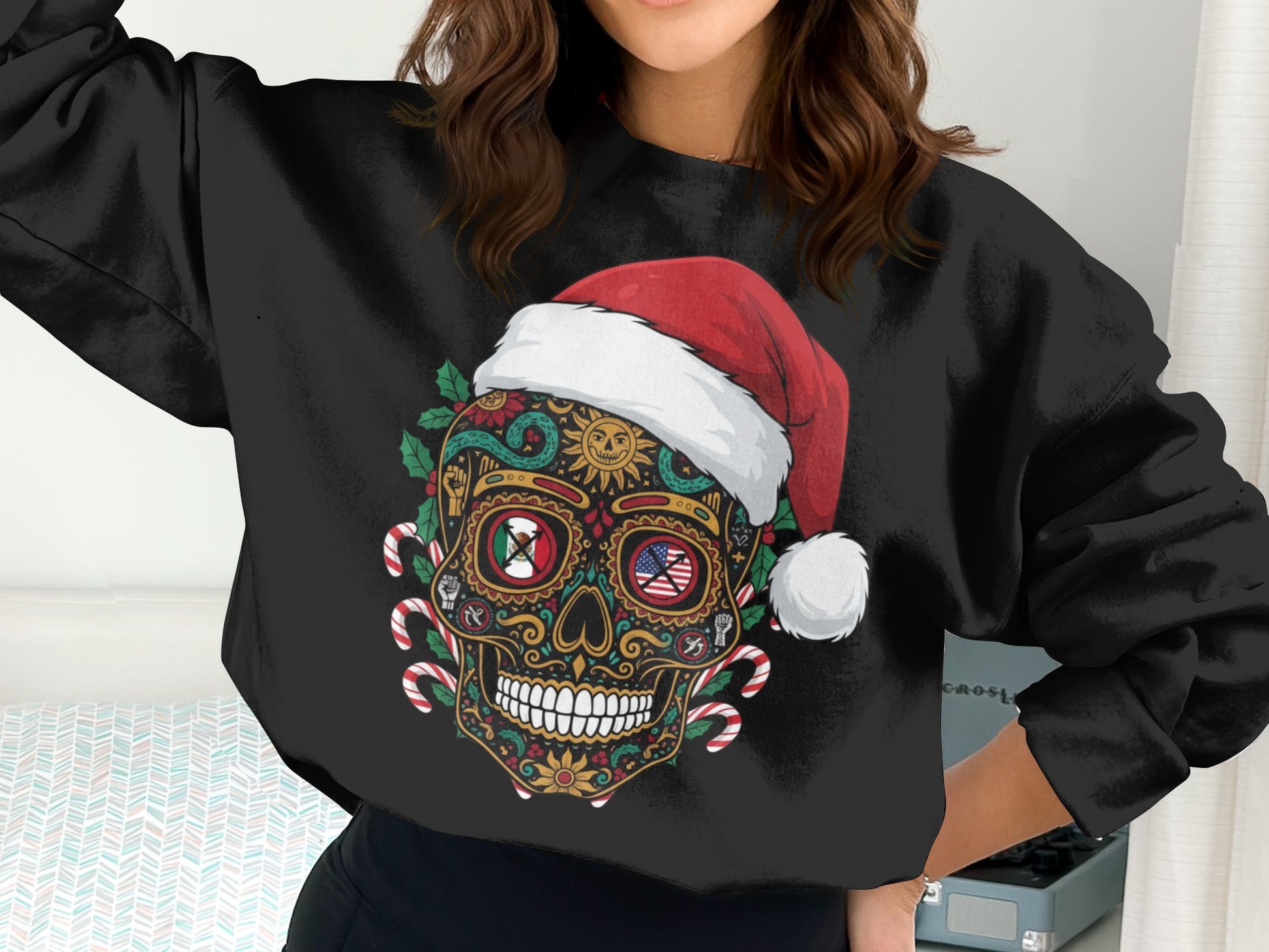 Festive Sugar Skull Santa Sweatshirt for Holiday Spirits